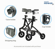 Black maverick rollator with included accessories
