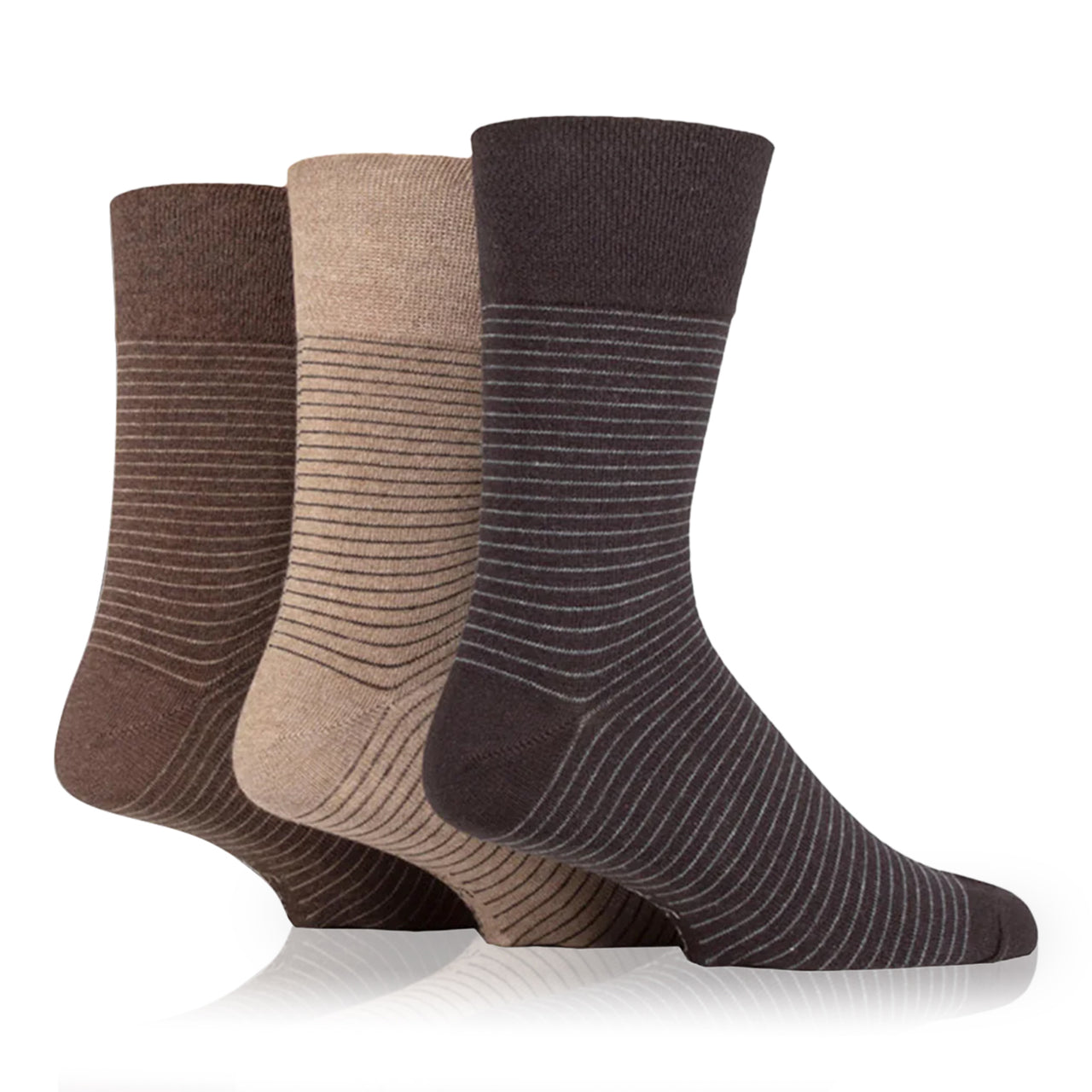 Men's Non binding sock 3 pack in shades of brown with thin stripes