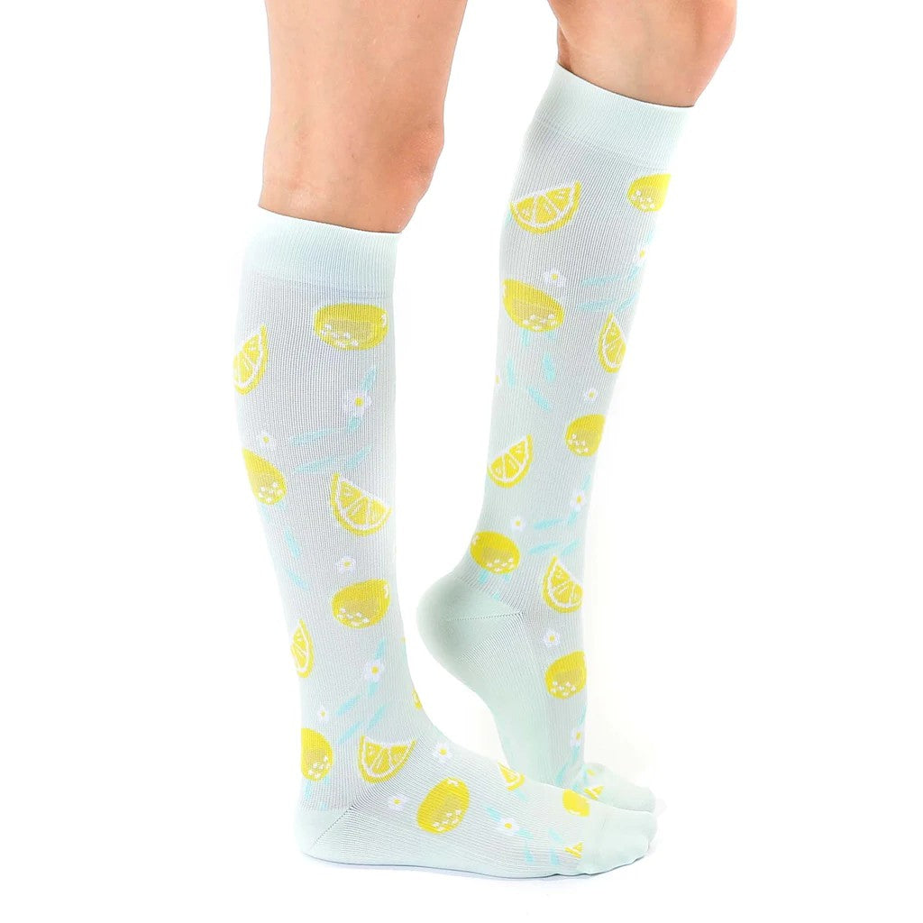 light blue compression socks with lemons