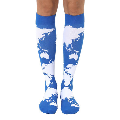 Blue and white globe compression socks