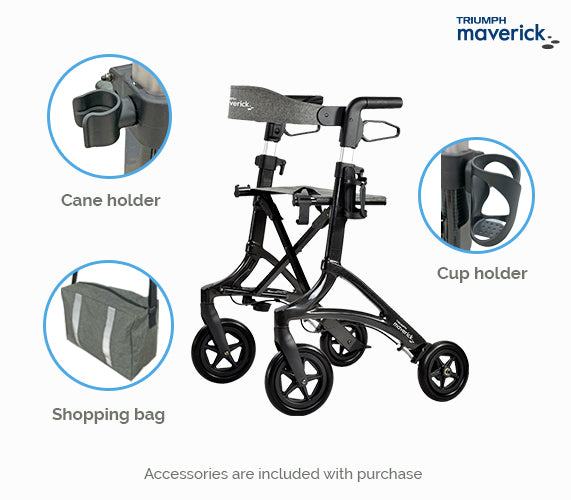 Black maverick rollator with included accessories
