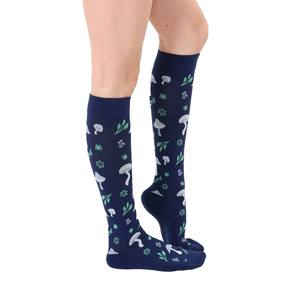 blue compression socks with mushrooms