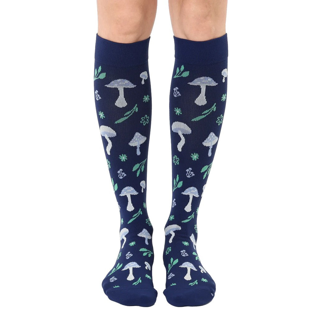 cute blue compression socks with mushrooms