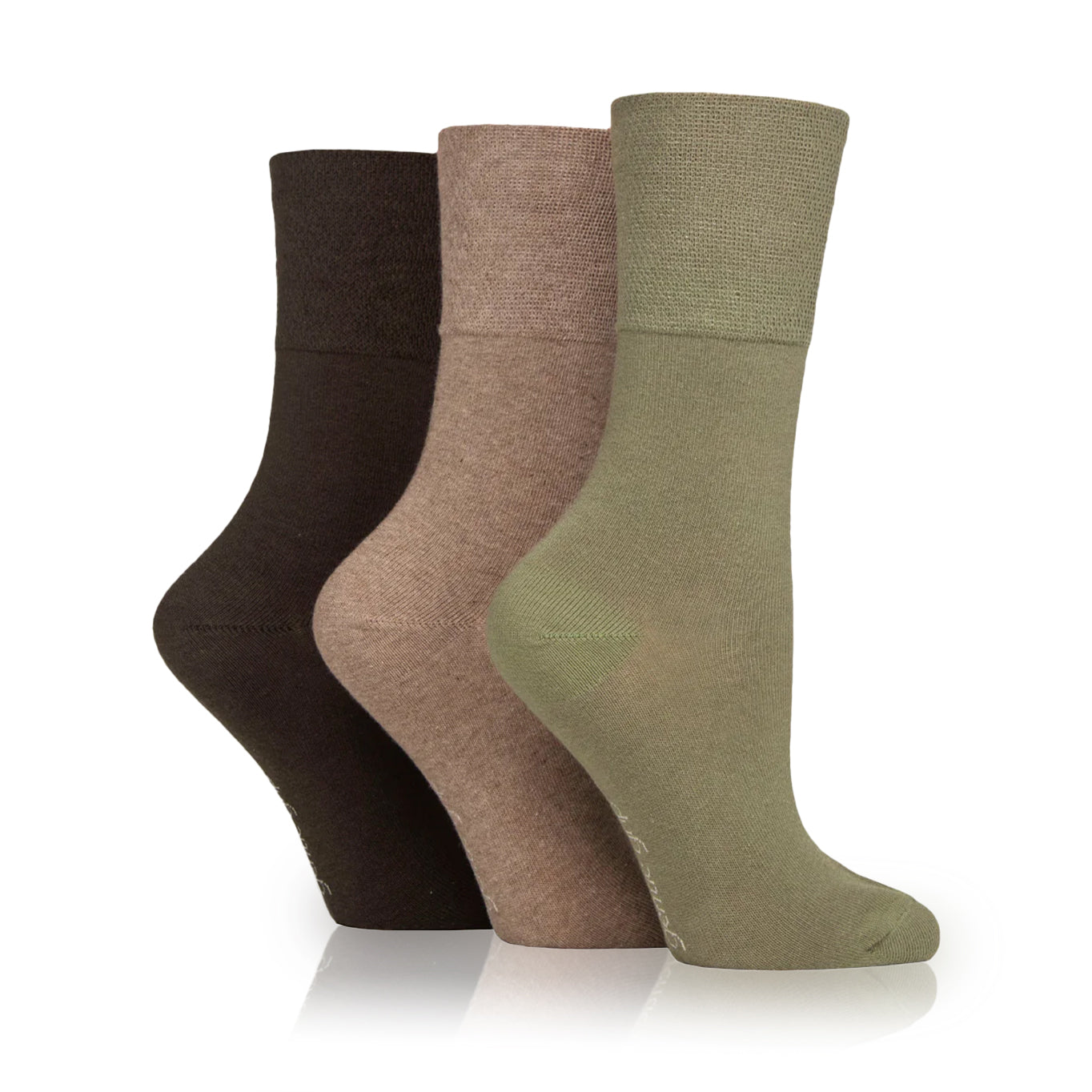 3 pack of non binding socks for women in brown, khaki and green
