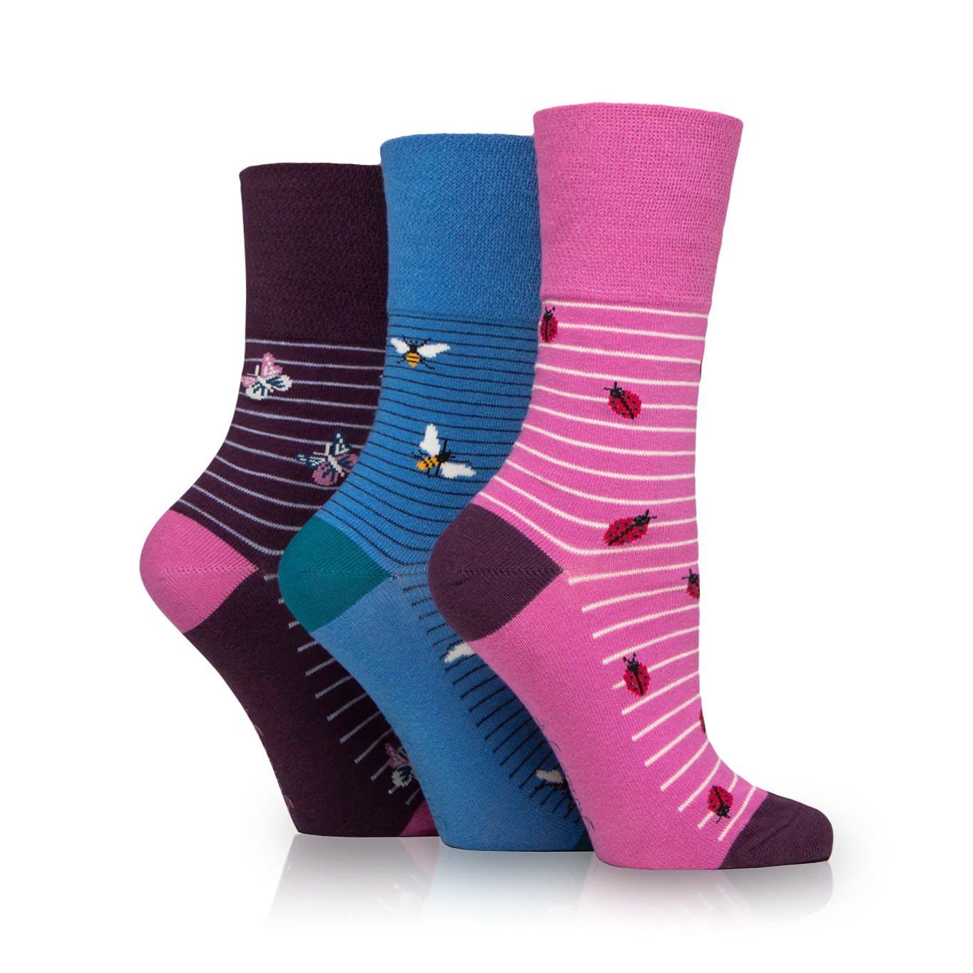 3 pack of bright women's non binding socks in beautiful bugs
