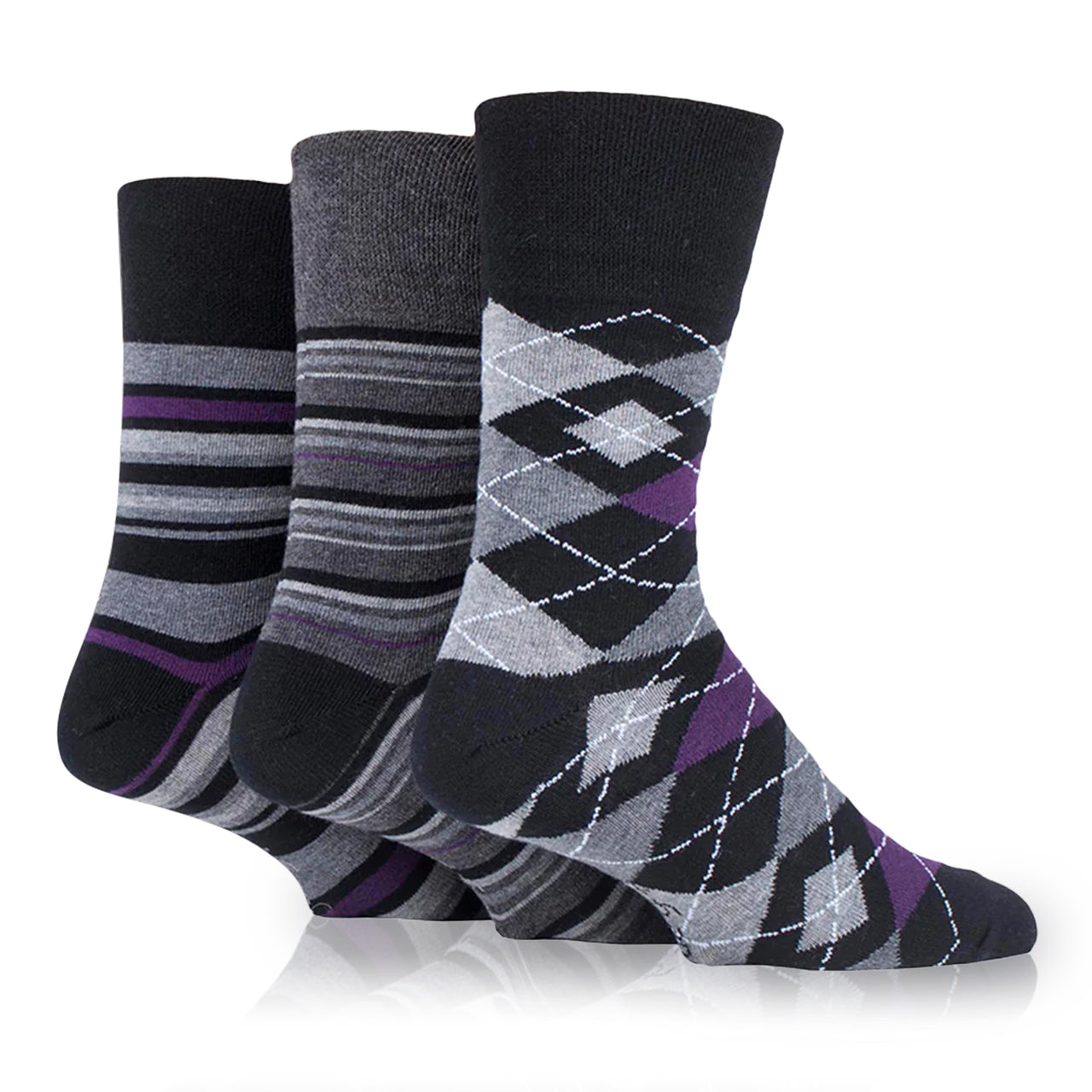 3 pack of plus size non binding socks in argyle and stripes