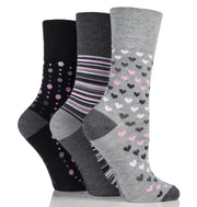 bamboo diabetic socks grey with hearts stripes and dots