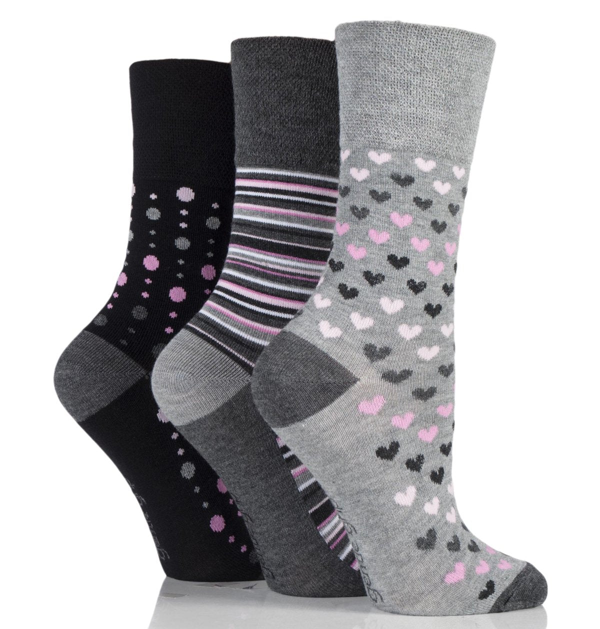 bamboo diabetic socks grey with hearts stripes and dots