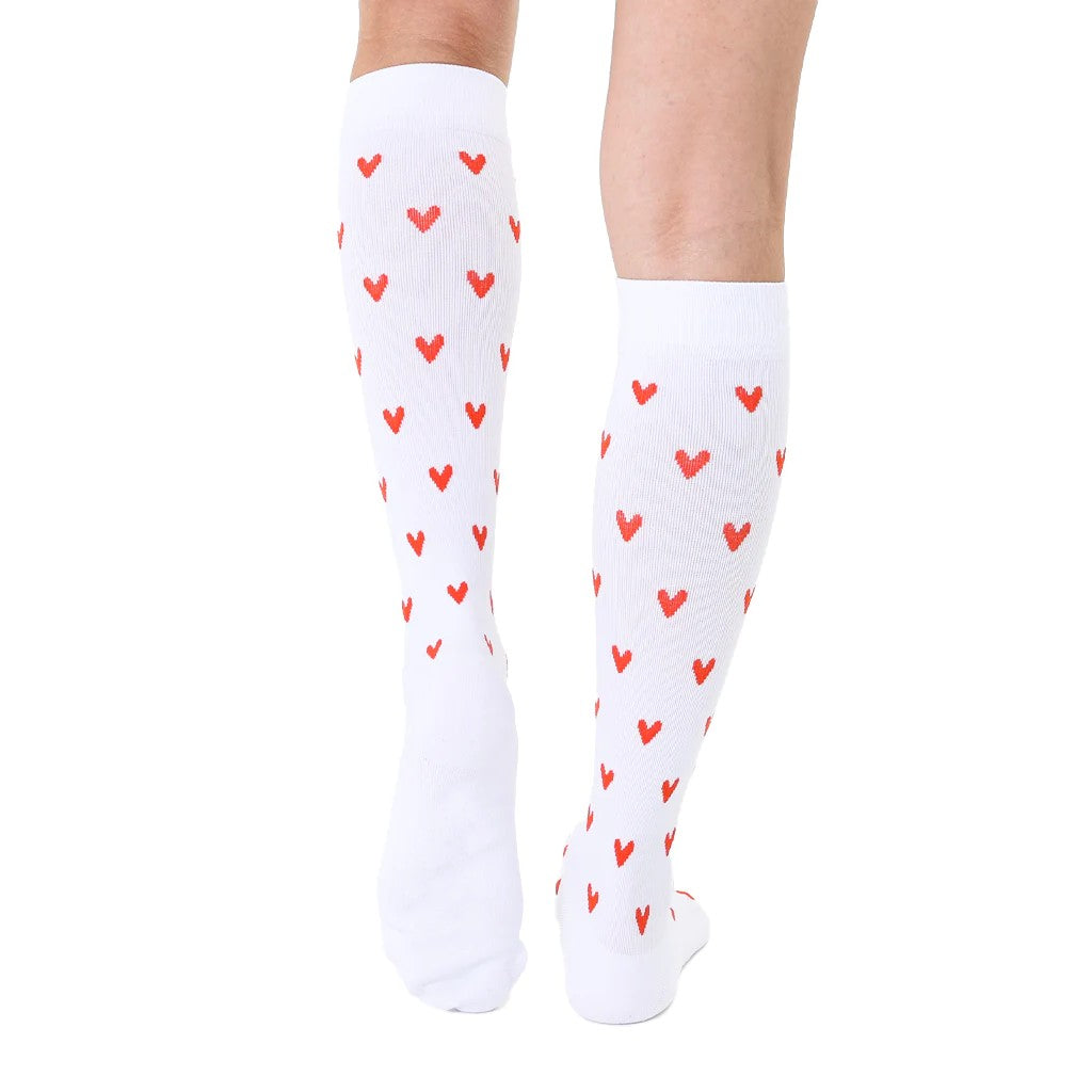 white compression socks with red hearts 
