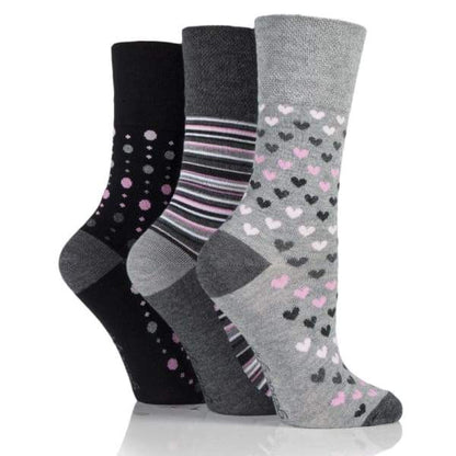 Non Binding Bamboo Socks for Women in Grey Heart Stripe & Dot - Hearts Dots & Stripes - Diabetic Socks