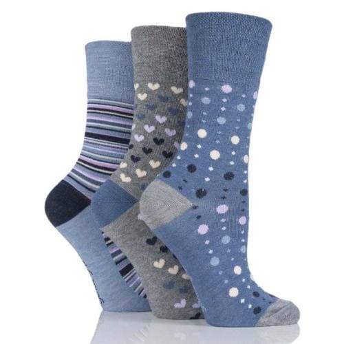 Non Binding Bamboo Socks for Women in Denim Heart Stripe & Dot - Diabetic Socks